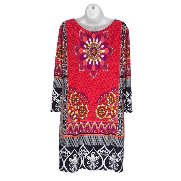 Joseph Ribkoff Boho Multicolour Mixed Print Mandala Lined Sheath Dress Large - Picture 2 of 12